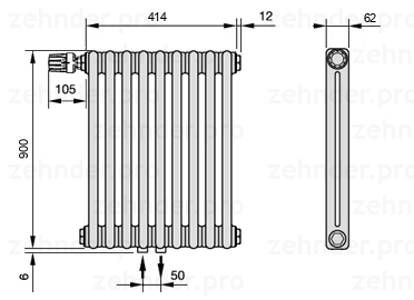 Схема (чертеж) Радиатор Zehnder Charleston 2090/9 №V007 Белый глянцевый RAL 9016